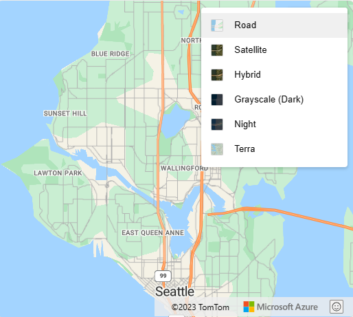 Captura de pantalla que muestra un mapa con el control de selector de estilos con la propiedad de diseño establecida como lista.