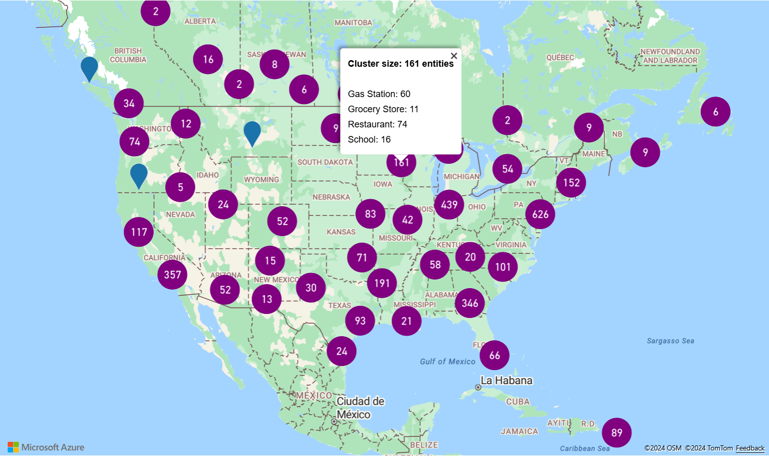 Captura de pantalla que muestra un mapa con agrupación en clústeres definida por cálculos de expresiones de estilos impulsados por datos. Estos cálculos agregan valores de todos los puntos dentro del clúster.