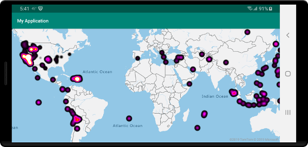 Mapa con la capa de mapa térmico personalizada de terremotos recientes