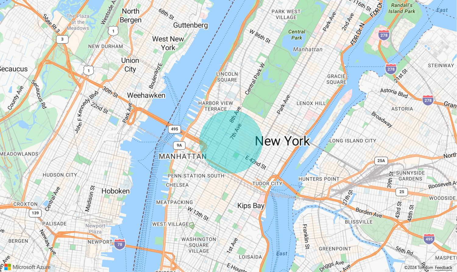 Captura de pantalla de un mapa mostrando un círculo verde parcialmente transparente en la ciudad de Nueva York. Esto demuestra cómo agregar un círculo a un mapa.