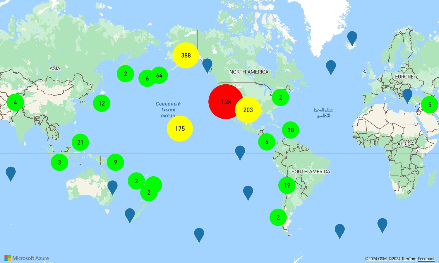 Captura de pantalla en la que se muestra un mapa de Azure Maps con diferentes burbujas de tamaño y color.