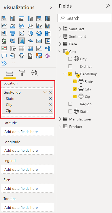 Una captura de pantalla que muestra los paneles Visualizaciones y campos en Power BI Desktop con el campo de ubicación visual de Azure Maps resaltado.