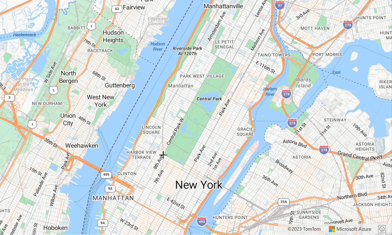 Captura de pantalla de un mapa que muestra el parque Central Park de la ciudad de Nueva York, donde se muestra el administrador de dibujo dibujando una línea.