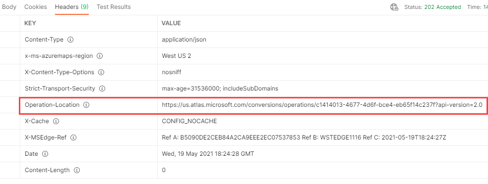 Screenshot of Postman that shows the URL value of the operation location key in the response header.