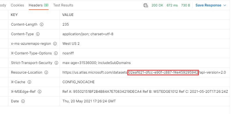 Screenshot of Postman that shows the dataset ID value of the Resource-Location key in the response header.