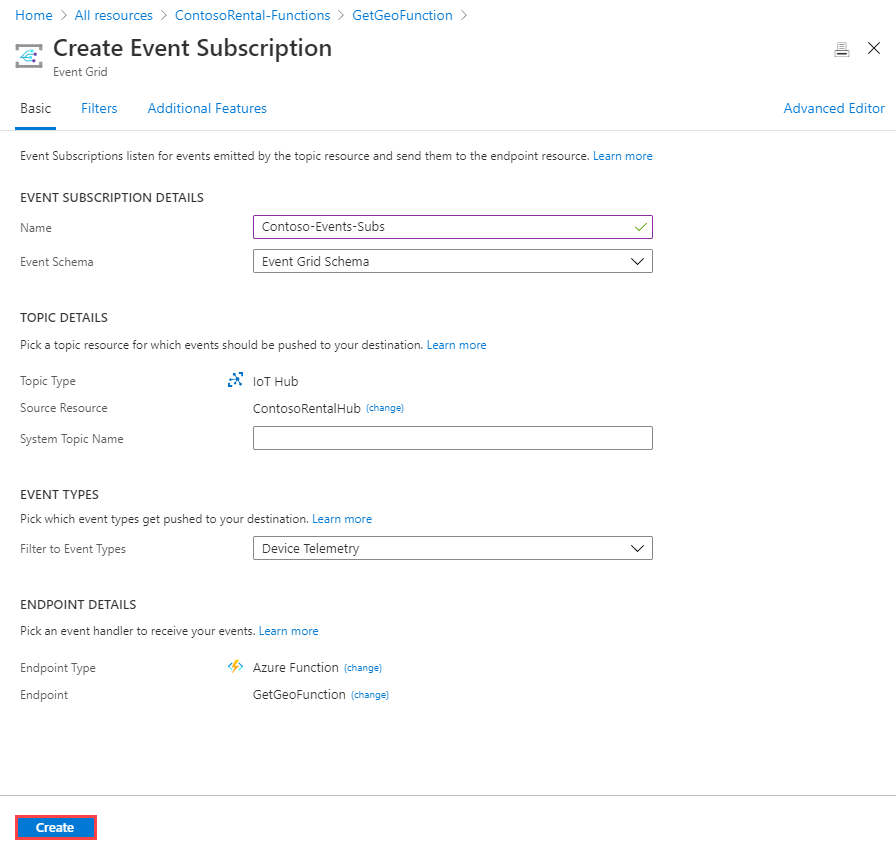 Captura de pantalla de confirmación de la creación de una suscripción de eventos.