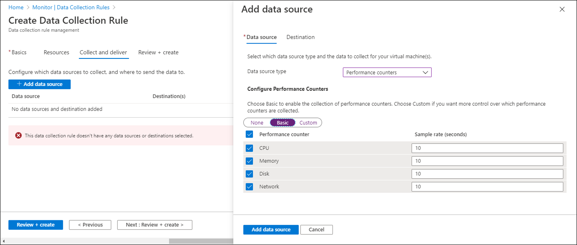 Captura de pantalla que muestra el formulario de Azure Portal para seleccionar los contadores de rendimiento básicos en una regla de recopilación de datos.