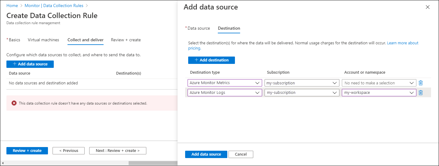 Captura de pantalla que muestra el formulario de Azure Portal para agregar un origen de datos a una regla de recopilación de datos.