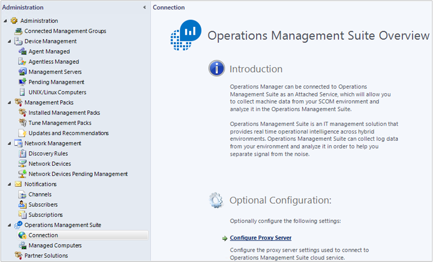 Captura de pantalla de Operations Manager, que muestra la selección de la opción Configurar servidor proxy