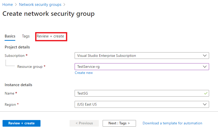 Captura de pantalla que muestra cómo crear un grupo de seguridad de red.