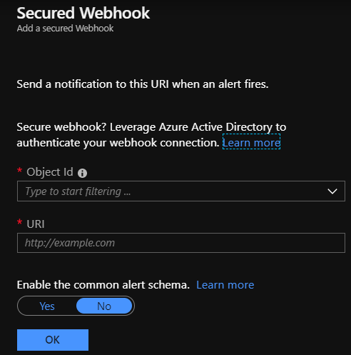 Captura de pantalla del cuadro de diálogo Webhook protegido en Azure Portal. El cuadro Id. de objeto es visible.