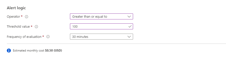 Screenshot that shows the Alert logic section of a new log alert rule.