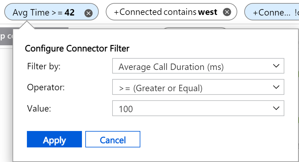 Captura de pantalla en la que se muestra la sección Configure Connector Filter (Configurar filtro de conector) con un botón Cancelar.