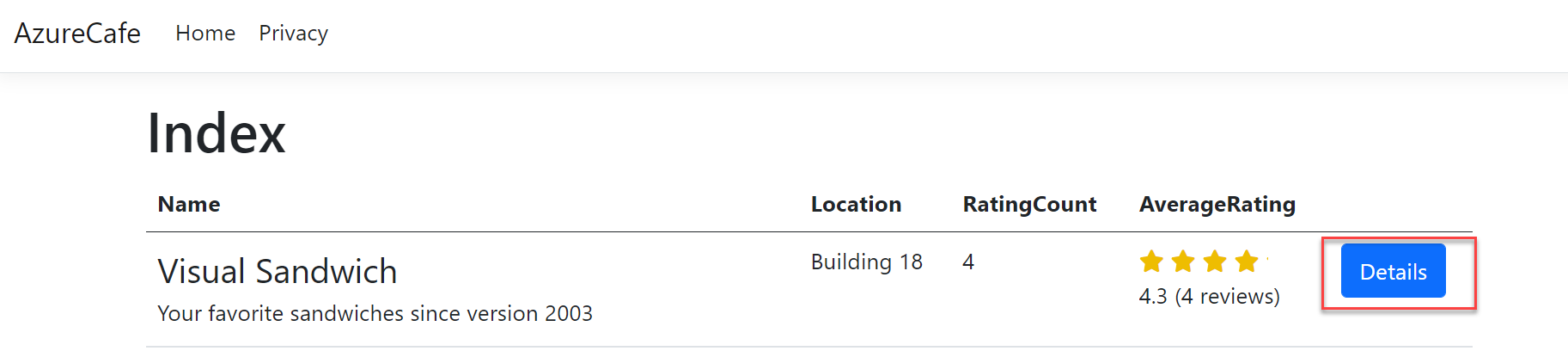 Captura de pantalla de una parte de la lista de Azure Cafe en la aplicación web Azure Cafe con el botón de Detalles resaltado.