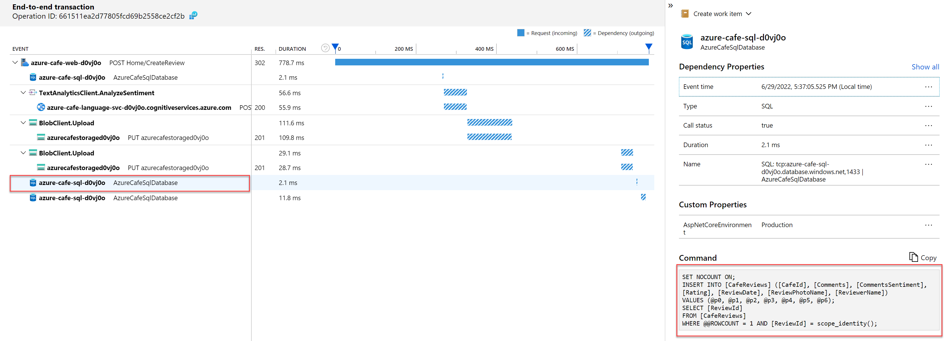 Captura de pantalla de la transacción de un extremo a otro en Azure Portal con los detalles del comando SQL.