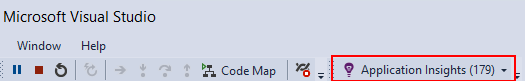 In Visual Studio, the Application Insights button shows during debugging.
