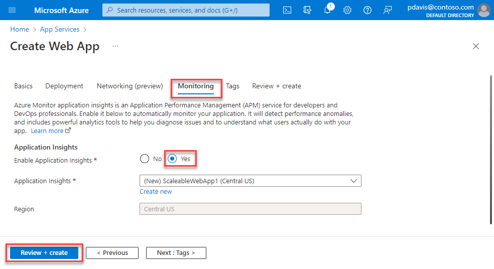 Screenshot that shows the Monitoring tab of the Create Web App page where you enable Application Insights.