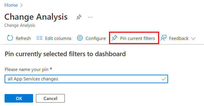 Captura de pantalla de la selección del botón Anclar filtros actuales en Análisis de cambios.
