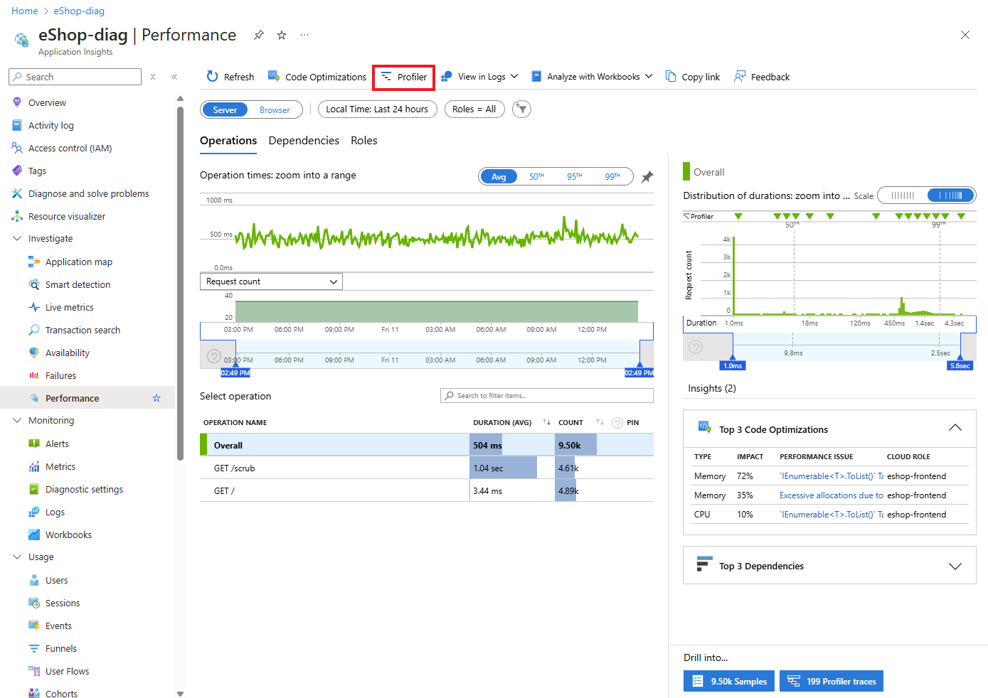 Captura de pantalla de Azure Portal que muestra cómo navegar a Application Insights Profiler.