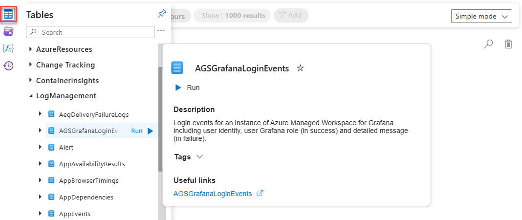 Captura de pantalla que muestra la pestaña Tablas de Log Analytics.