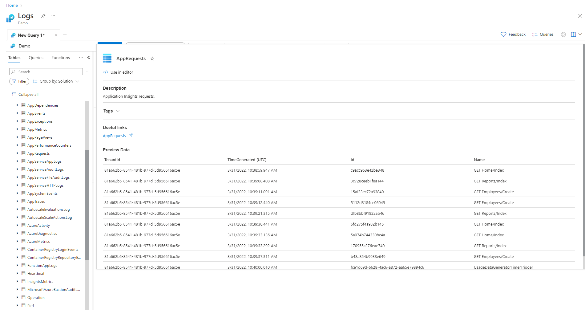 Screenshot that shows preview data for the AppRequests table.