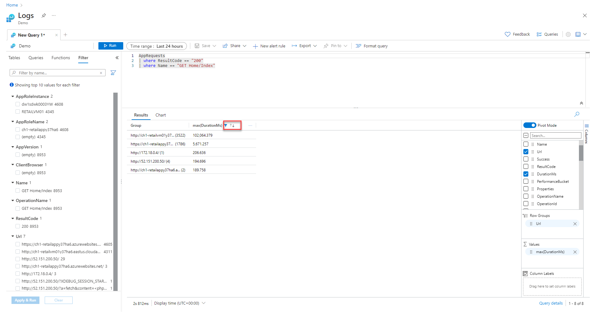 Screenshot that shows the query results pane being sorted by the maximum DurationMS values.