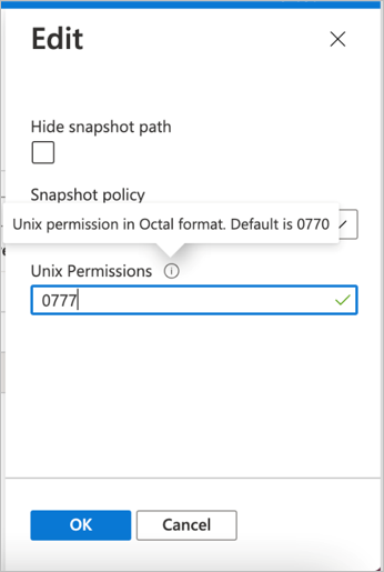 Screenshots that shows the Edit screen for Unix permissions.