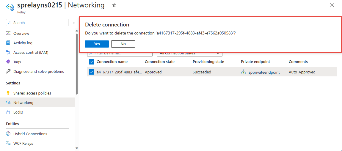Captura de pantalla que muestra la página Eliminar conexión que le pide la confirmación.