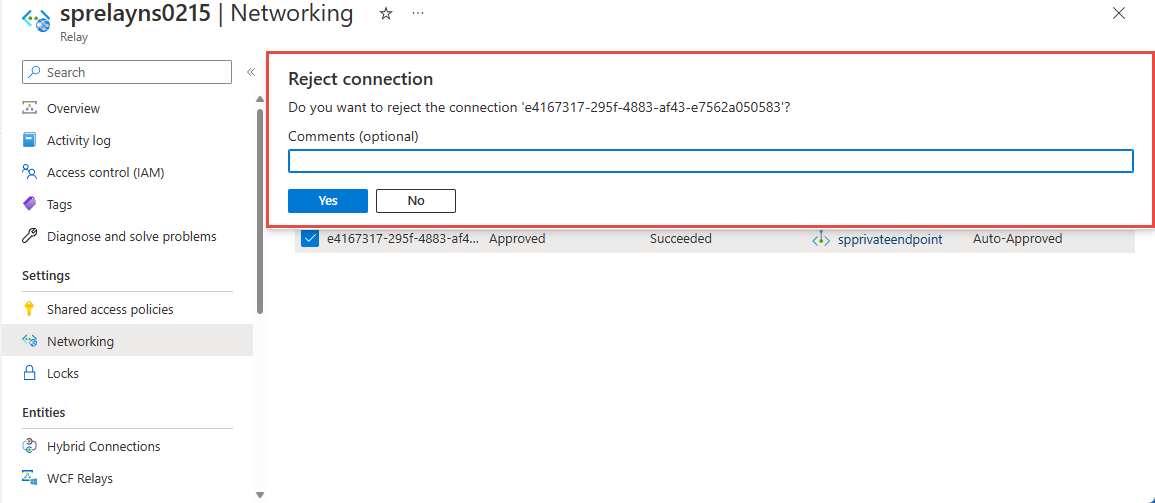 Captura de pantalla que muestra la página Rechazar conexión que solicita la confirmación.