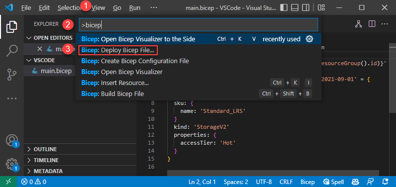 Captura de pantalla que muestra la implementación de un archivo Bicep en el menú contextual del panel Explorador.