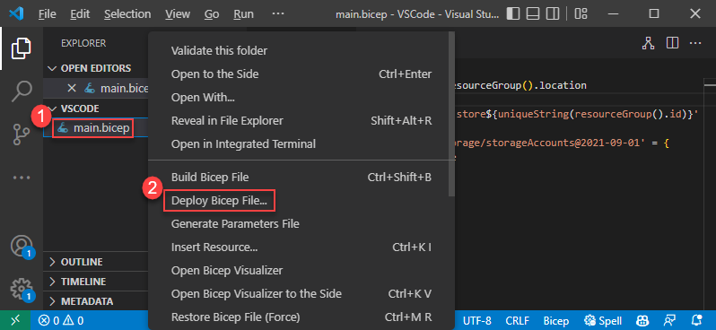 Captura de pantalla que muestra la implementación de un archivo Bicep File en el menú contextual del panel Explorador.