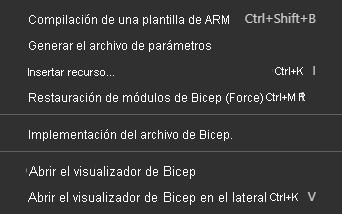 Captura de pantalla de los comandos de Bicep en Visual Studio Code, en el menú contextual para archivos Bicep.
