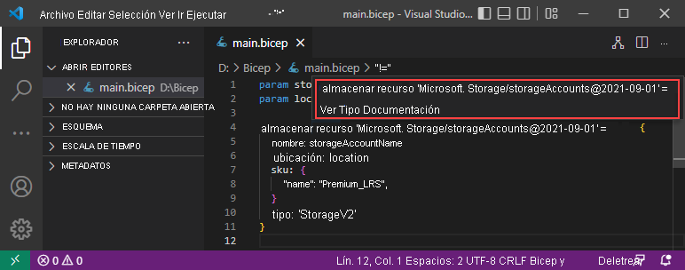 Captura de pantalla del documento de la vista Bicep de Visual Studio Code.