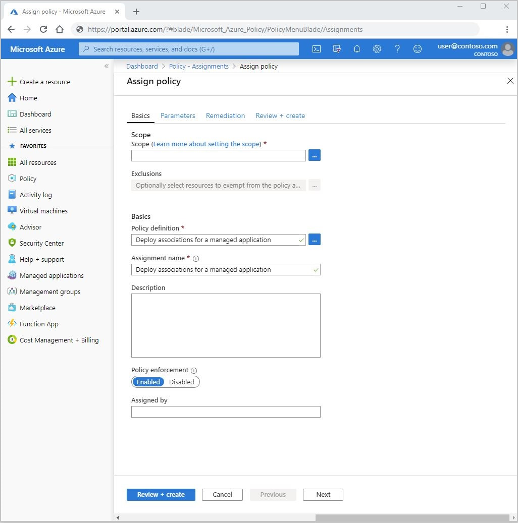 Captura de pantalla de Azure Portal para crear una asignación de directiva y asignar la directiva de implementación de asociaciones.