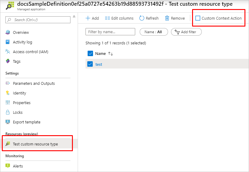 Captura de pantalla que muestra una página de recursos llamada Test custom resource type (Tipo de recurso personalizado de prueba) y el control Custom Context Action (Acción de contexto personalizado).