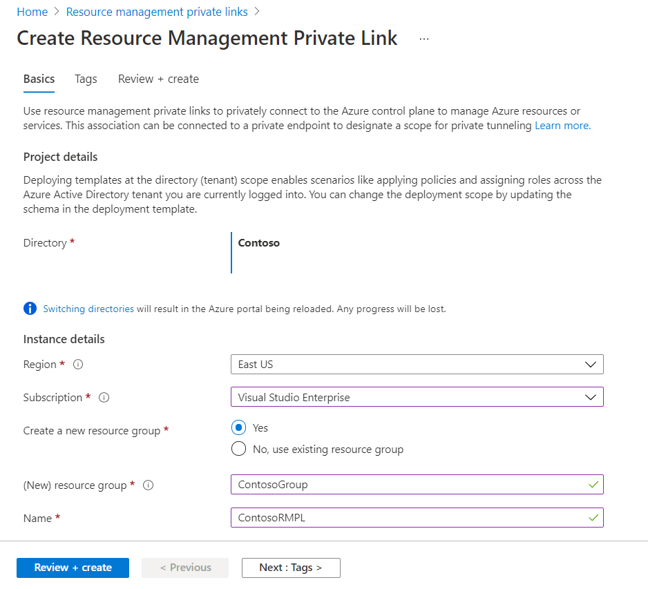 Captura de pantalla de Azure Portal con campos que proporcionan valores para el nuevo vínculo privado de administración de recursos.