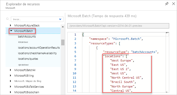 Screenshot of displaying valid locations for a resource type in the Azure Resource Explorer.