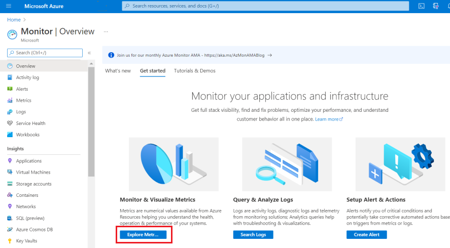 Captura de pantalla de navegación a la página Monitor de Azure Portal con la opción Explorar métricas resaltada.