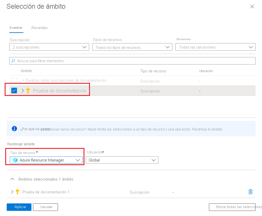 Captura de pantalla de la selección de una única suscripción y la métrica de Azure Resource Manager en Azure Portal.