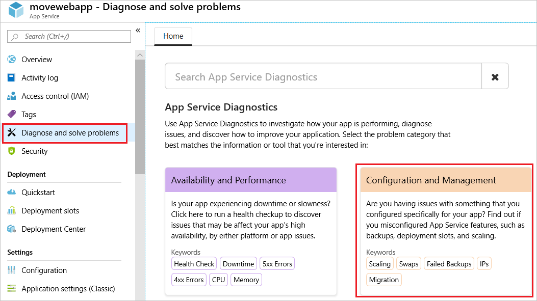 Screenshot of the Diagnose and solve problems section with the Configuration and Management option highlighted.