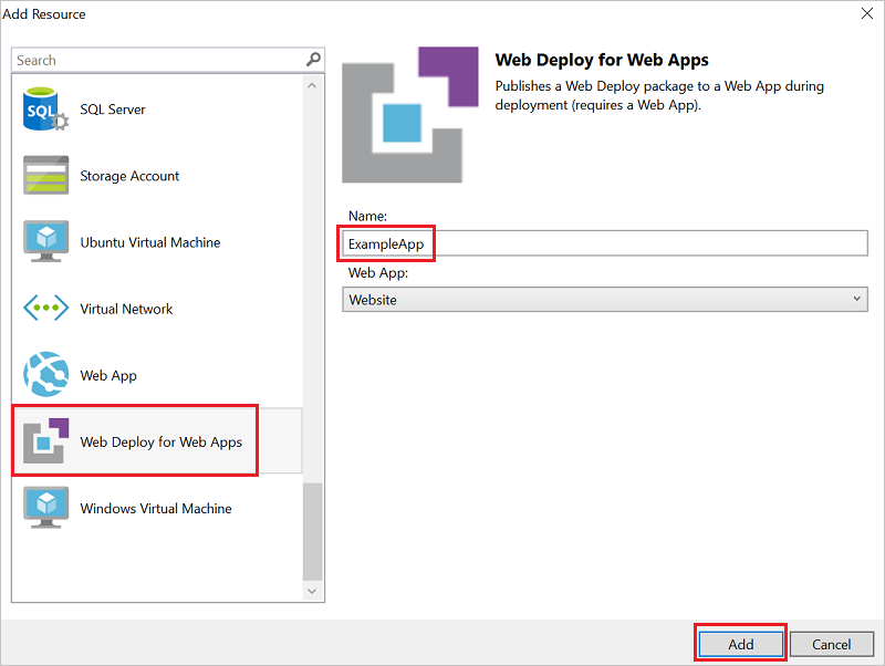 Captura de pantalla de la ventana Añadir nuevo recurso con la opción Web Deploy para Web Apps seleccionada.