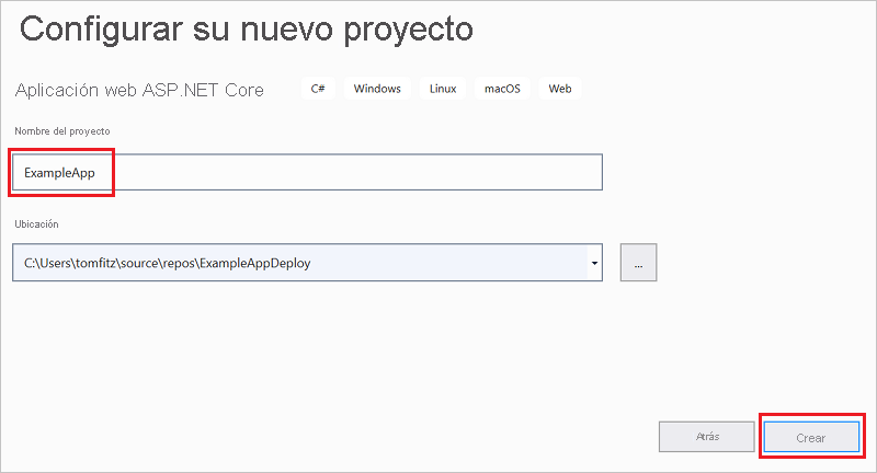 Captura de pantalla de la ventana de nomenclatura de proyecto para la aplicación web ASP.NET Core.