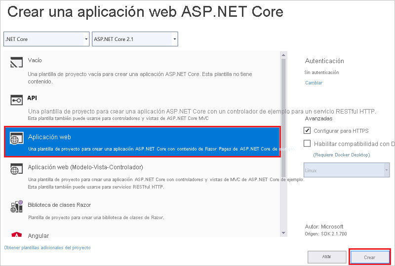 Captura de pantalla de la ventana Nueva aplicación web ASP.NET Core con la opción Aplicación web seleccionada.