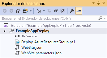 Captura de pantalla del Explorador de soluciones de Visual Studio que muestra los archivos del proyecto de implementación del grupo de recursos.
