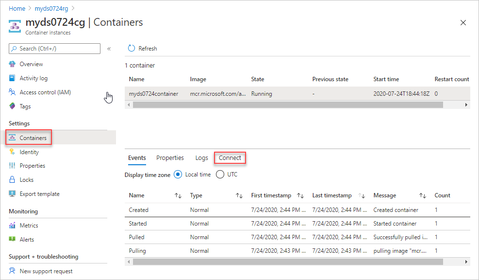 Captura de pantalla de la opción de conexión de la instancia de contenedor del script de implementación en Azure Portal.