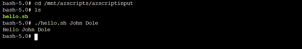 Captura de pantalla de la salida de prueba de la instancia de contenedor del script de implementación mostrada en la consola.