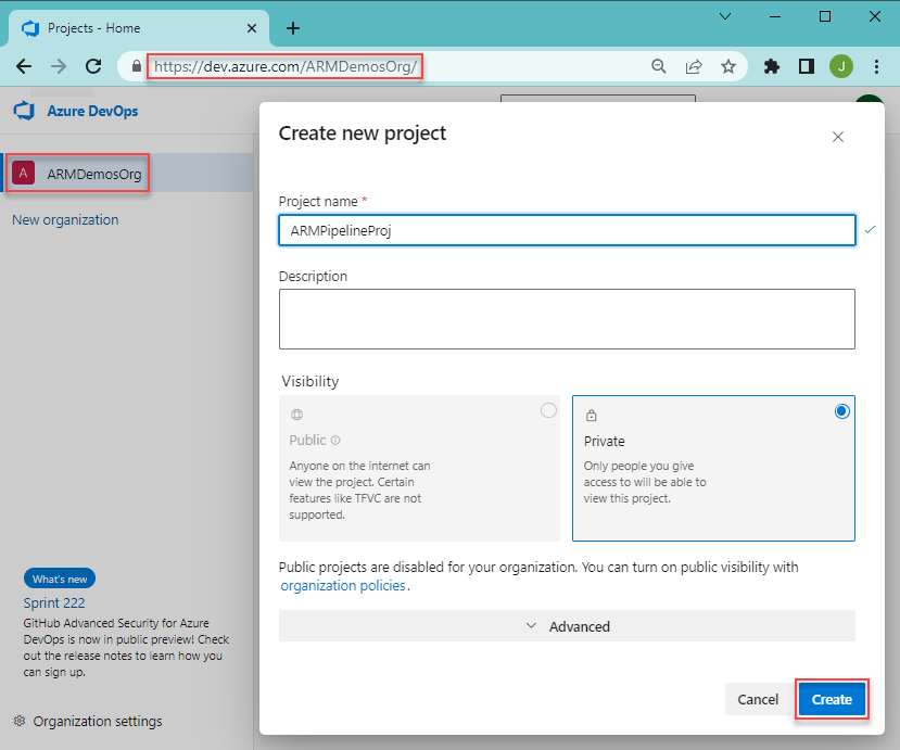 Captura de pantalla de creación de un proyecto Azure DevOps para Azure Resource Manager Azure DevOps Azure Pipelines.