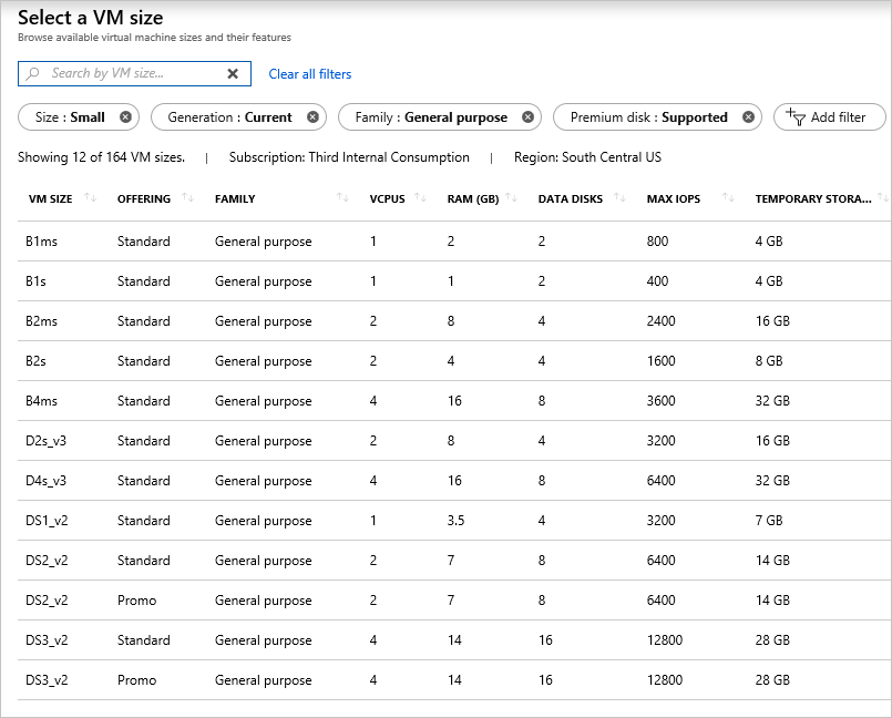 Captura de pantalla del Azure Portal que muestra una lista de tamaños de máquinas virtuales disponibles junto con opciones de filtrado para limitar la selección.