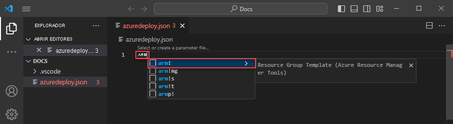 Captura de pantalla que muestra fragmentos de código de scaffolding de Azure Resource Manager.