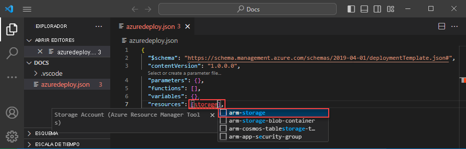 Captura de pantalla que muestra cómo se agrega un recurso a la plantilla de Resource Manager.
